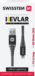 DATOVÝ KABEL SWISSTEN KEVLAR USB / LIGHTNING 1,5 M ANTRACIT