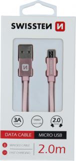 DATOVÝ KABEL SWISSTEN TEXTILE USB / MICRO USB 2,0 M RŮŽOVO/ZLATÝ