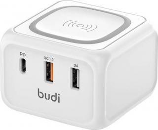 Indukční nabíječka 10W Budi 317TE, 2x USB + USB-C, 18W (bílá)