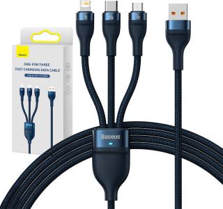 Kabel 3v1 USB Baseus USB 3v1 Baseus Flash Series, USB-C + Micro + Lightning 66W, 1,2 m (modrý)