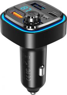 Nabíječka do auta / FM vysílač XO BCC08 USB x2, USB-C, MP3, Bluetooth 5.0 (černá)