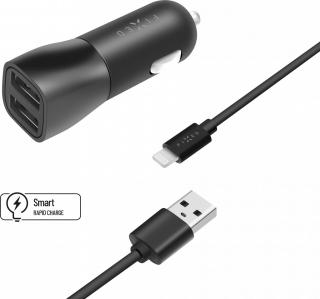 Set autonabíječky FIXED s 2xUSB výstupem a USB/Lightning kabelu, 1 metr, MFI certifikace, 15W Smart Rapid Charge, černá