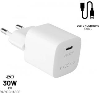 Set síťové nabíječky FIXED Mini s USB-C výstupem a USB-C/Lightning kabelu, podpora PD, 1.2 metr, MFI, 30W, bílý