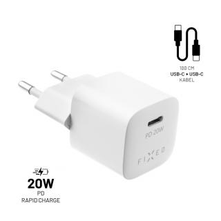 Set síťové nabíječky FIXED Mini s USB-C výstupem a USB-C/USB-C kabelu, podpora PD, 1 metr, 20W, bílý