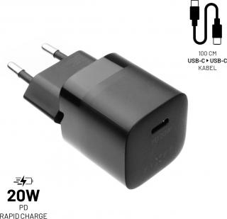 Set síťové nabíječky FIXED Mini s USB-C výstupem a USB-C/USB-C kabelu, podpora PD, 1 metr, 20W, černý