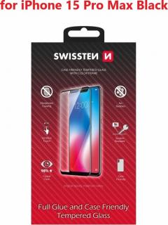 SKLO SWISSTEN FULL GLUE, COLOR FRAME, CASE FRIENDLY PRO APPLE IPHONE 15 PRO MAX ČERNÉ