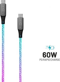 Svítící nabíjecí kabel FIXED s konektory USB-C/USB-C a podporou PD, 1,2 metr, 60W, duhový