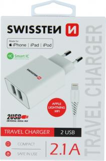 SWISSTEN SÍŤOVÝ ADAPTÉR SMART IC 2x USB 2,1A POWER + DATOVÝ KABEL USB / LIGHTNING MFi 1,2 M BÍLÝ