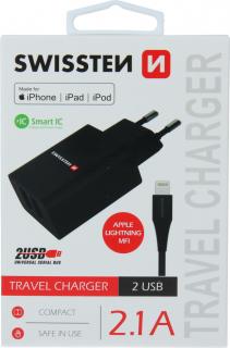 SWISSTEN SÍŤOVÝ ADAPTÉR SMART IC 2x USB 2,1A POWER + DATOVÝ KABEL USB / LIGHTNING MFi 1,2 M ČERNÝ