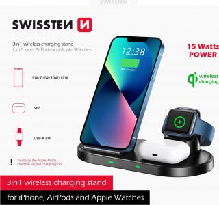 SWISSTEN WIRELESS NABÍJEČKA 3v1 STAND ČERNÁ