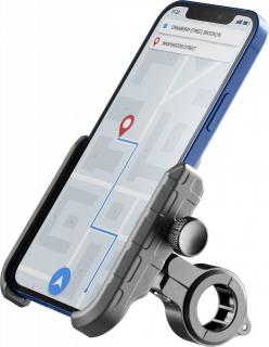 Univerzální hliníkový držák mobilního telefonu Cellularline Rider Steel na řídítka pro motorku i kolo, černý