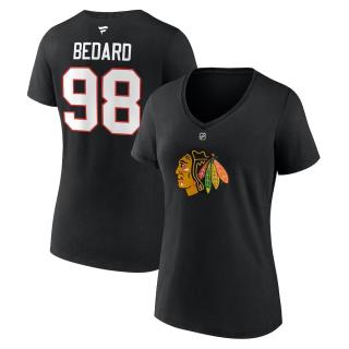 Dámské tričko Connor Bedard #98 Chicago Blackhawks Draft 2023 Stack Logo Name & Number V-Neck Black Velikost: L