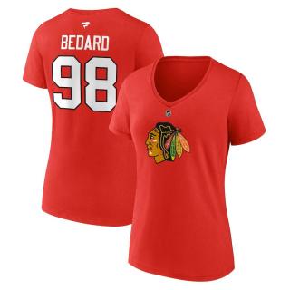 Dámské tričko Connor Bedard #98 Chicago Blackhawks Draft 2023 Stack Logo Name & Number V-Neck Red Velikost: L