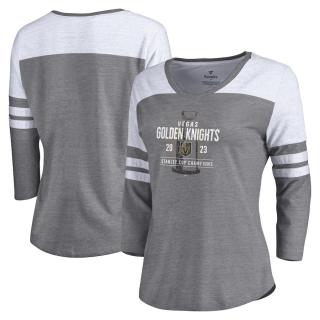 Dámské tričko Vegas Golden Knights 2023 Stanley Cup Champions Shootout Tri-Blend 3/4 Sleeve V-Neck Velikost: L