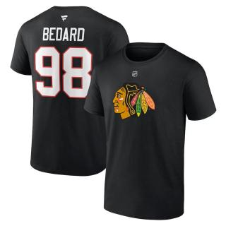 Pánské tričko Connor Bedard #98 Chicago Blackhawks Draft 2023 Stack Logo Name & Number Black Velikost: XXL
