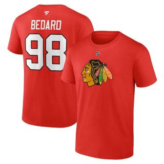 Pánské tričko Connor Bedard #98 Chicago Blackhawks Draft 2023 Stack Logo Name & Number Red Velikost: S