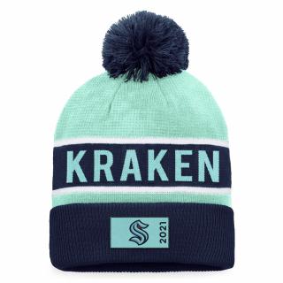 Zimní čepice Seattle Kraken Authentic Pro Game & Train Cuffed Pom Knit Traditional Navy-Icy Blue