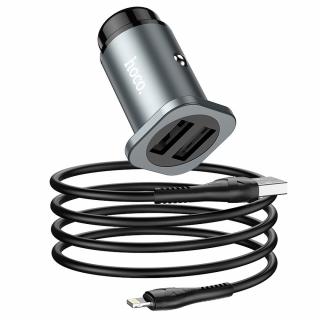 HOCO NZ4 nabíječka do auta 2x USB / 24W + kabel Apple Lightning - šedá
