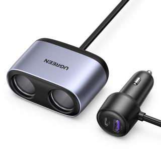 Ugreen CD252 nabíječka do auta USB + USB-C PD / SCP + 2x autozásuvka s prodloužením