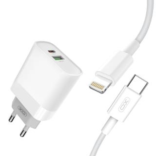 XO L64 nabíječka s výstupem USB QC 3.0 / USB-C PD / 18W bílá + kabel iPhone PD