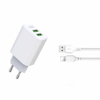 XO L85c nabíječka s výstupem 2x USB / 2,4A bílá + kabel pro iPhone Lightning