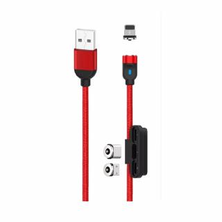 XO NB128 3v1 magnetický USB kabel - Micro USB / USB-C / Lightning / 1m / 2,4A červený