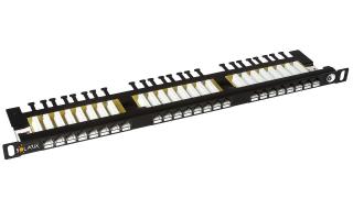 Patch panel Solarix 24xRJ45 CAT6 UTP s vyvazovací lištou černý 0,5U