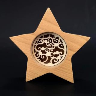 Dřevěná dekorace hvězda s vkladem - ornament, masivní dřevo, výška 10 cm