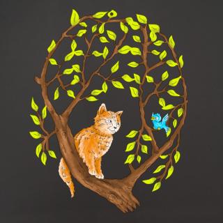 Dřevěná dekorace kočka na větvi, barevná dekorace k zavěšení, velikost 20 cm