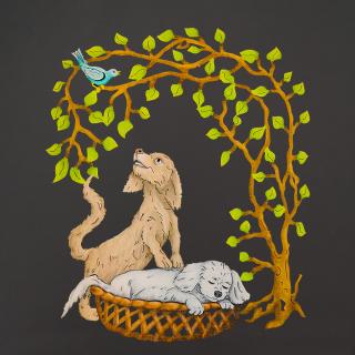 Dřevěná dekorace psi, barevná dekorace k zavěšení, velikost 21 cm