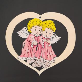 Dřevěná dekorace srdce andělé, barevná dekorace k zavěšení, velikost 13 cm