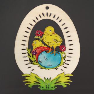 Dřevěná dekorace vajíčko kuře s vajíčky, velikost 9 cm, český výrobek