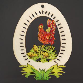 Dřevěná dekorace vajíčko slepičky s kuřátky, velikost 9 cm, český výrobek