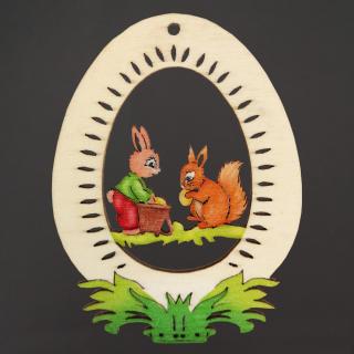 Dřevěná dekorace vajíčko veverka a zajíc, velikost 9 cm, český výrobek