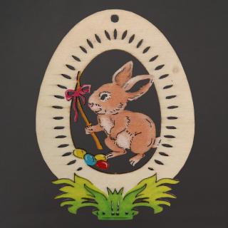 Dřevěná dekorace vajíčko zajíc s pomlázkou, velikost 9 cm, český výrobek