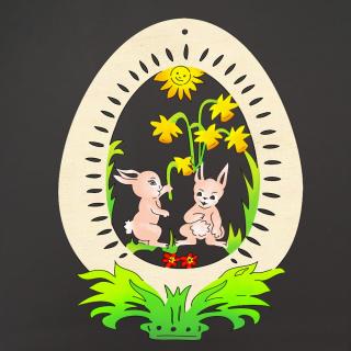 Dřevěná dekorace vajíčko zajíci s květinami, velikost 17,5 cm, český výrobek