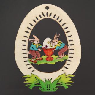 Dřevěná dekorace vajíčko zajíci s vajíčkem, velikost 9 cm, český výrobek