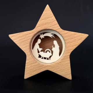 Dřevěná hvězda s vkladem - betlém, masivní dřevo, 10x10x3 cm