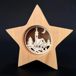 Dřevěná hvězda s vkladem - kostel, masivní dřevo, 10x10x3 cm