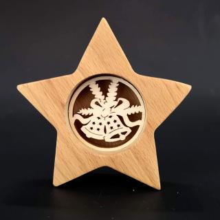 Dřevěná hvězda s vkladem - zvonky, masivní dřevo, 10x10x3 cm