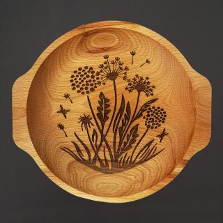 Dřevěná miska květiny - pampelišky, masivní dřevo, 24 cm