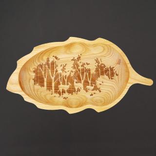 Dřevěná miska list s gravírem, masivní dřevo, 34 cm