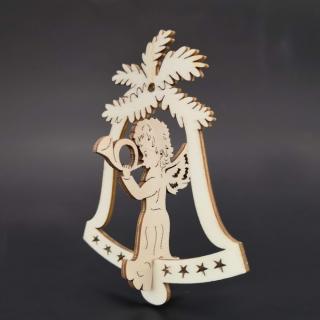 Dřevěná ozdoba 3D zvonek - anděl s lesním rohem 9 cm