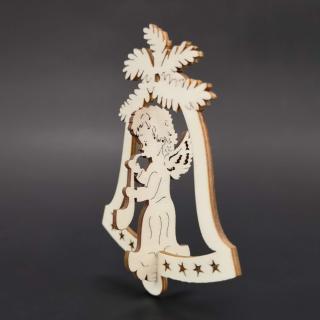 Dřevěná ozdoba 3D zvonek - anděl se saxofonem 9 cm