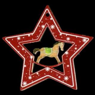 Dřevěná ozdoba barevná hvězda s houpacím koněm 6 cm