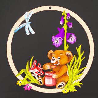 Dřevěná ozdoba barevná kulatá medvídek 8 cm, český výrobek