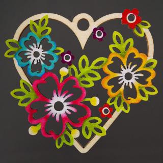 Dřevěná ozdoba barevná srdce s květinami 7 cm, český výrobek