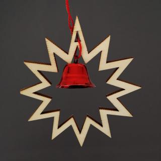 Dřevěná ozdoba hvězda s červeným zvonečkem, 7 cm, český výrobek