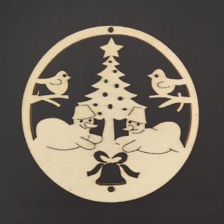 Dřevěná ozdoba kolečko - sněhuláci u stromečku, 8 cm