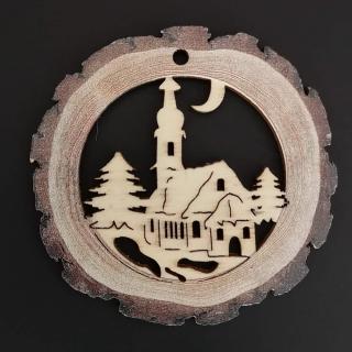Dřevěná ozdoba s potiskem kůry - koule s kostelem 6 cm